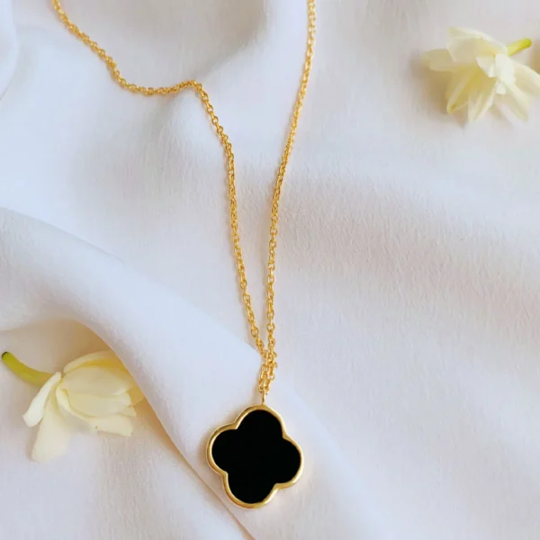 BLACK LEAF CLOVER NECKLACE-GOLD PLATED PENDANT NECKLACE FOR WOMEN - Image 4