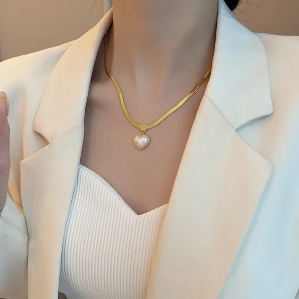 White Gold Pearl Heart Necklace with Golden Snake Chain - Image 3
