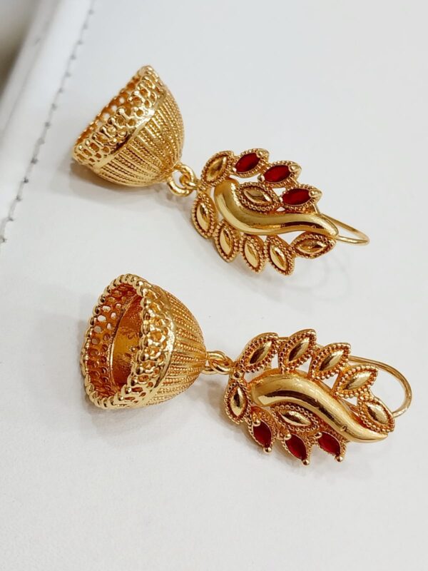 Traditional Gold-Plated Jhumka Earrings with Red Stone Accents - Image 2