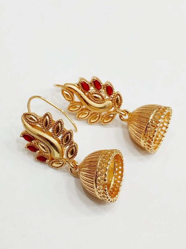Traditional Gold-Plated Jhumka Earrings with Red Stone Accents - Image 3