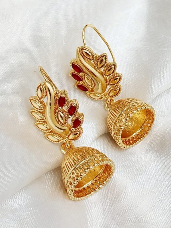 Traditional Gold-Plated Jhumka Earrings with Red Stone Accents