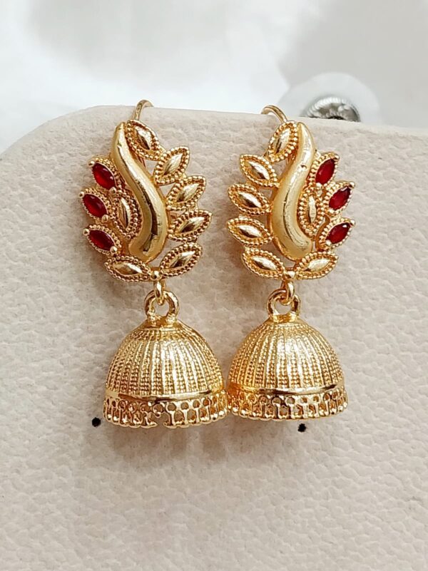 Traditional Gold-Plated Jhumka Earrings with Red Stone Accents - Image 4