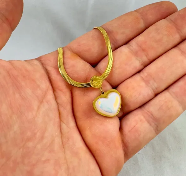 White Gold Pearl Heart Necklace with Golden Snake Chain - Image 4